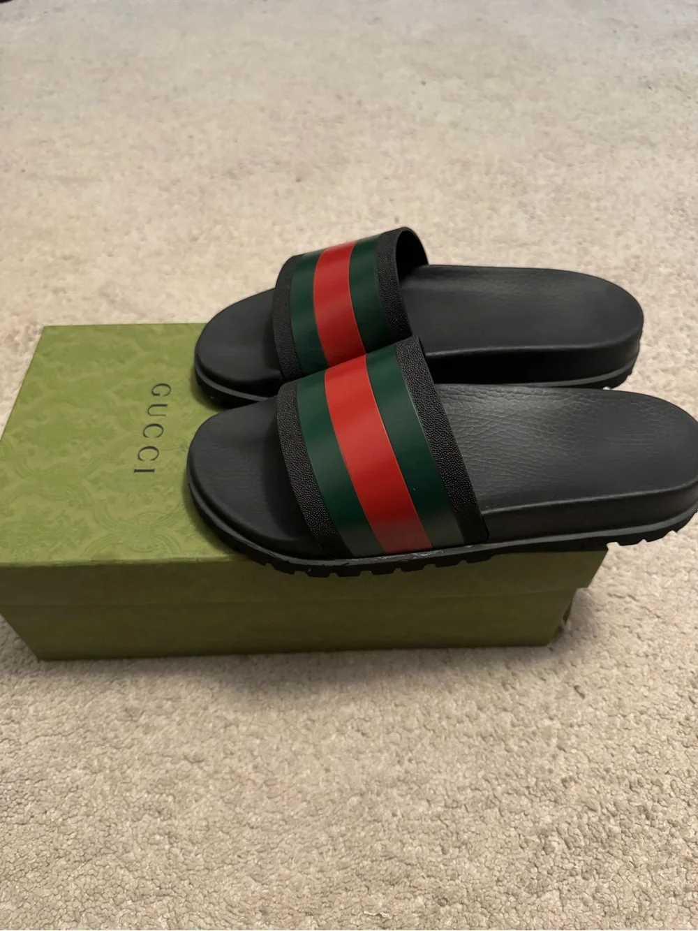 Gucci Black Slides with Green and Red Web Stripe